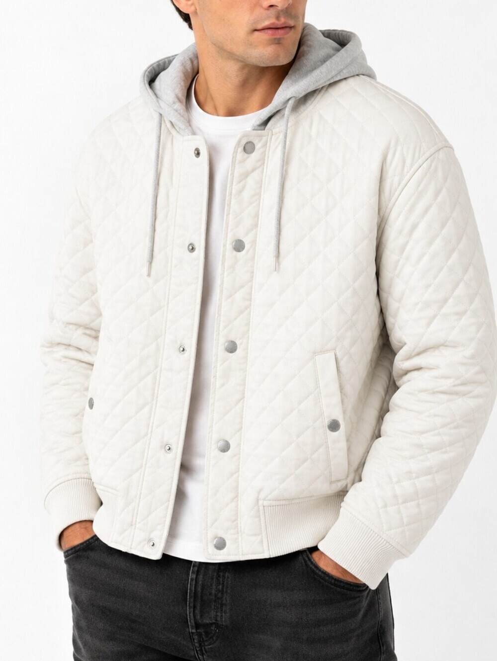 Levi's Men's Ivory Leather Quilted Hooded Bomber Jacket Snap Front Size Medium